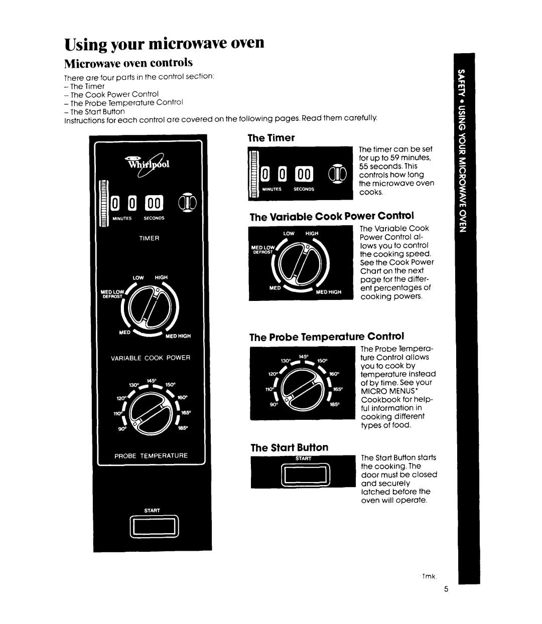 Whirlpool MW8450XP Using your microwave oven, Microwave oven controls, The Variable Cook Power Contml, The Start Button 