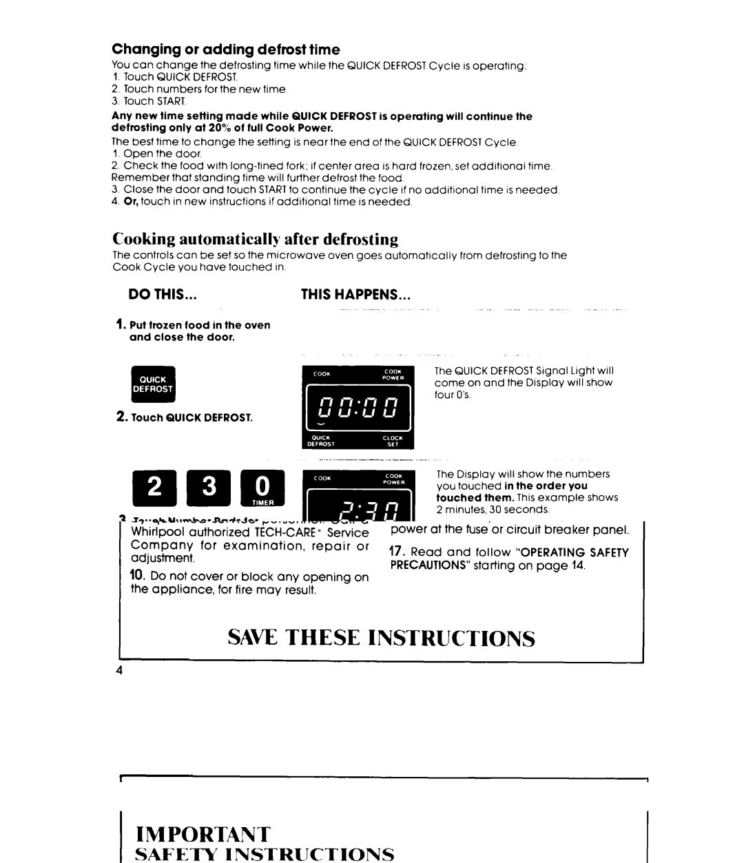 Whirlpool MW8500XP manual Cooking automatically after defrosting, Changing or adding defrost time 