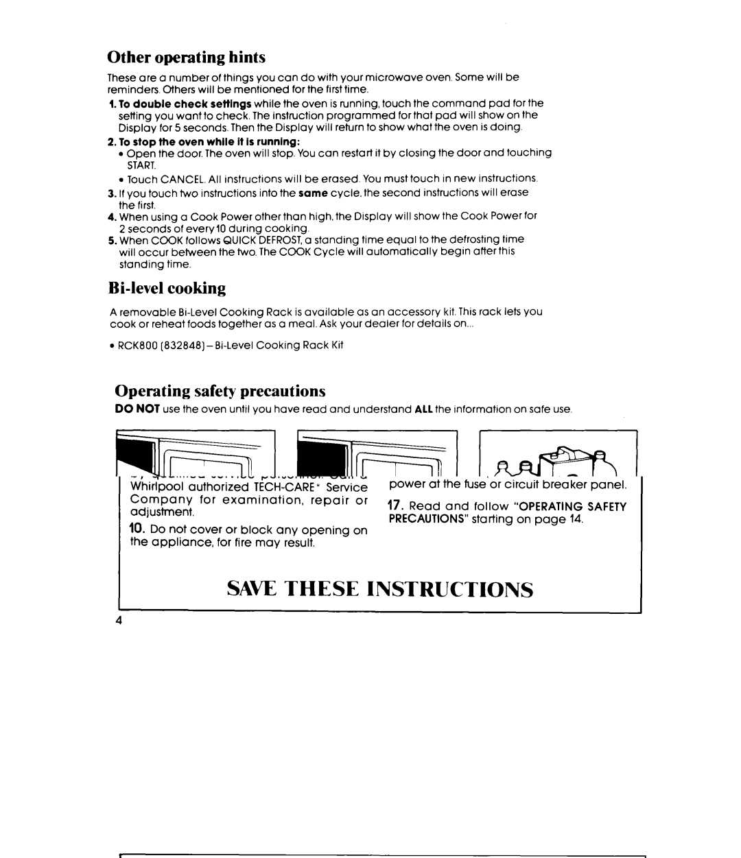 Whirlpool MW8500XP manual Other operating hints, Bi-level cooking, Operating safety precautions 