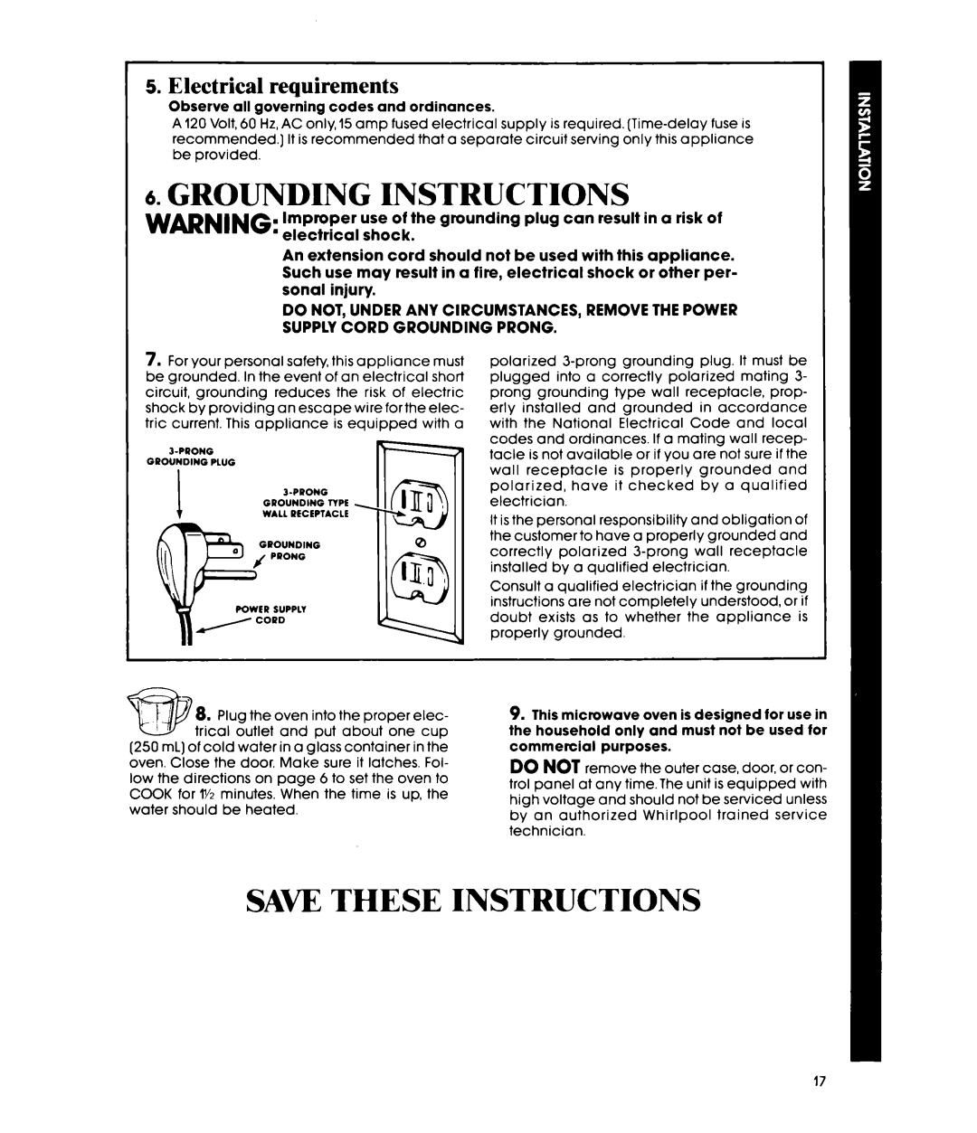 Whirlpool MW8500XP manual Electrical requirements, Observe all governing codes and ordinances 