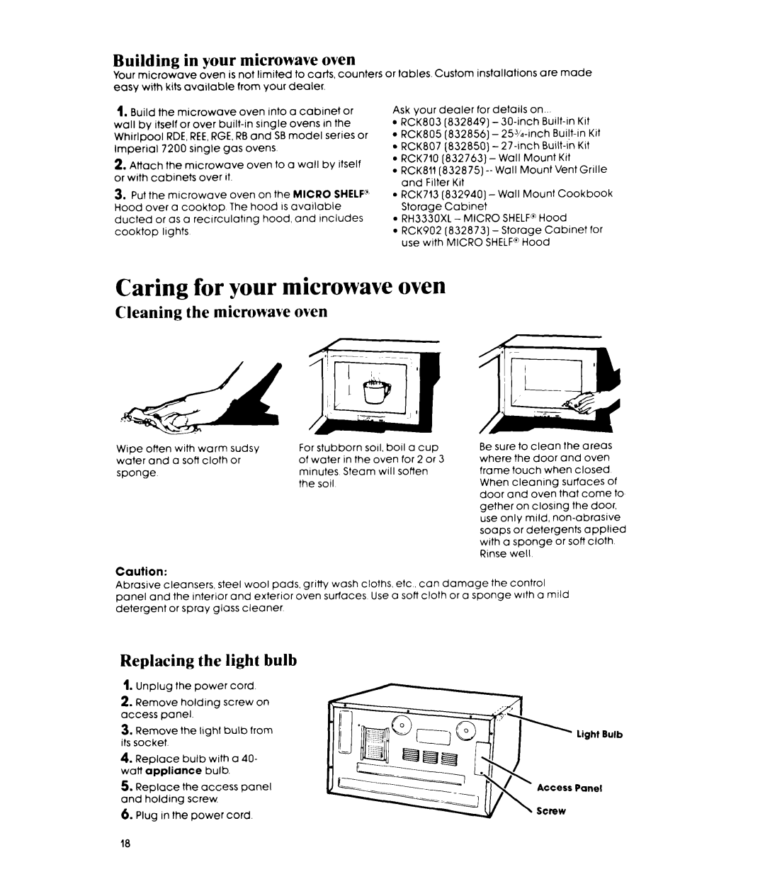 Whirlpool MW8500XP manual Caring for your microwave oven, Building in your microwave oven, Cleaning the microwave oven 