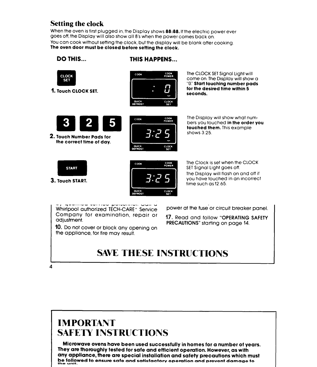 Whirlpool MW8500XP manual Setting the clock, Cooking at high cook power 