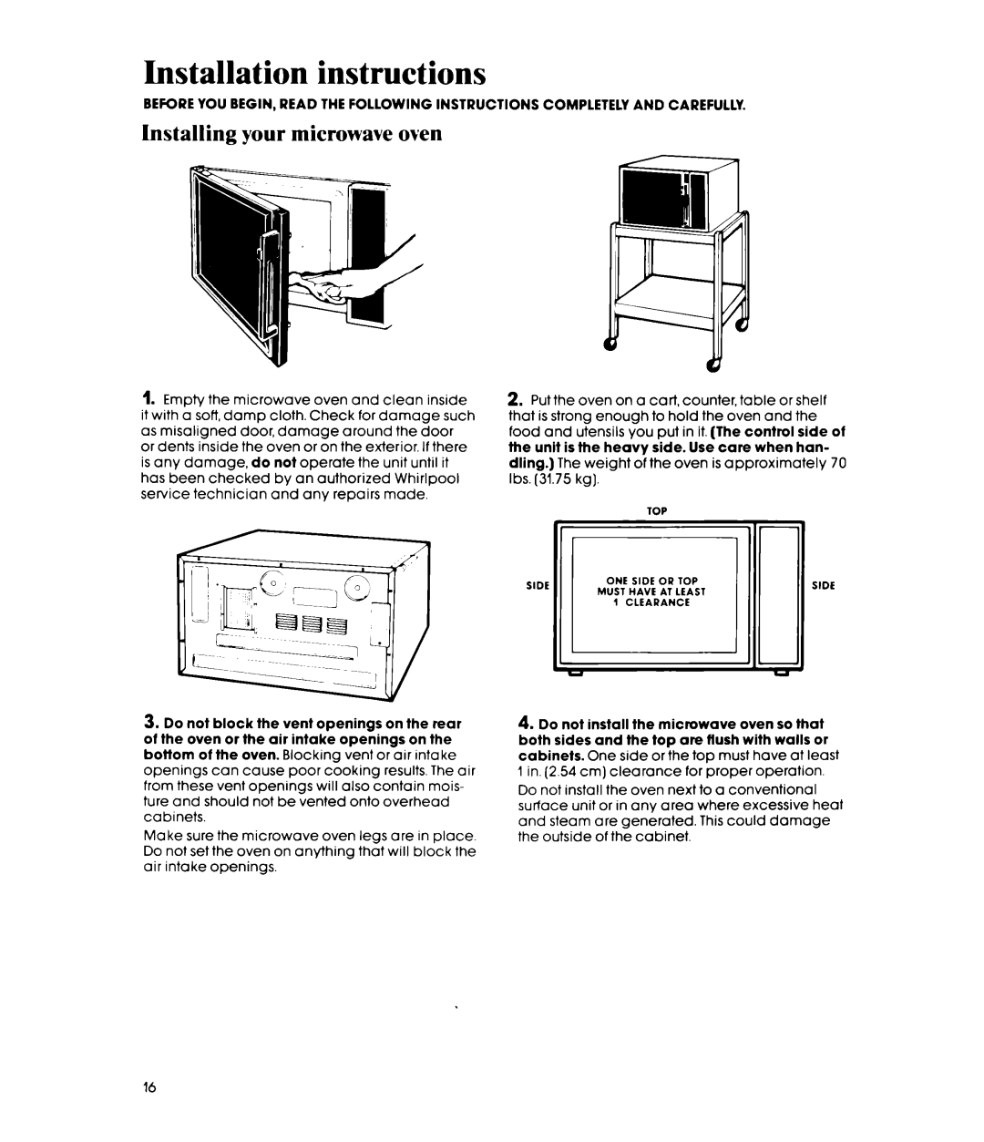 Whirlpool MW8500XP manual Installation instructions, Installing your microwave oven 