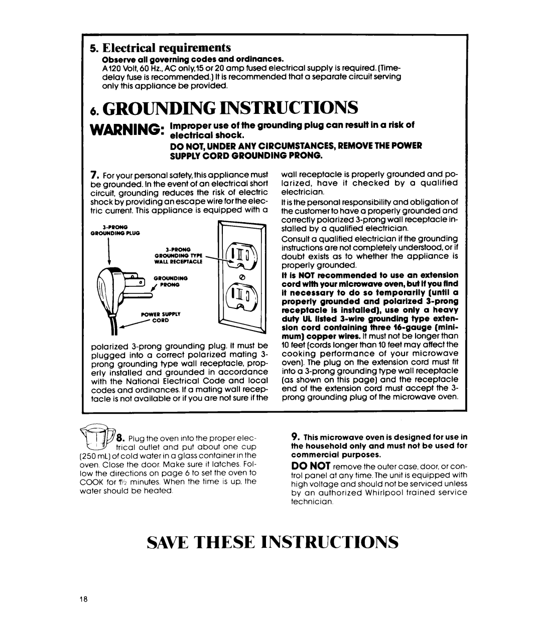 Whirlpool MW8500XR, MW850EXR manual Electrical requirements, Observe all governing codes and ordinances 