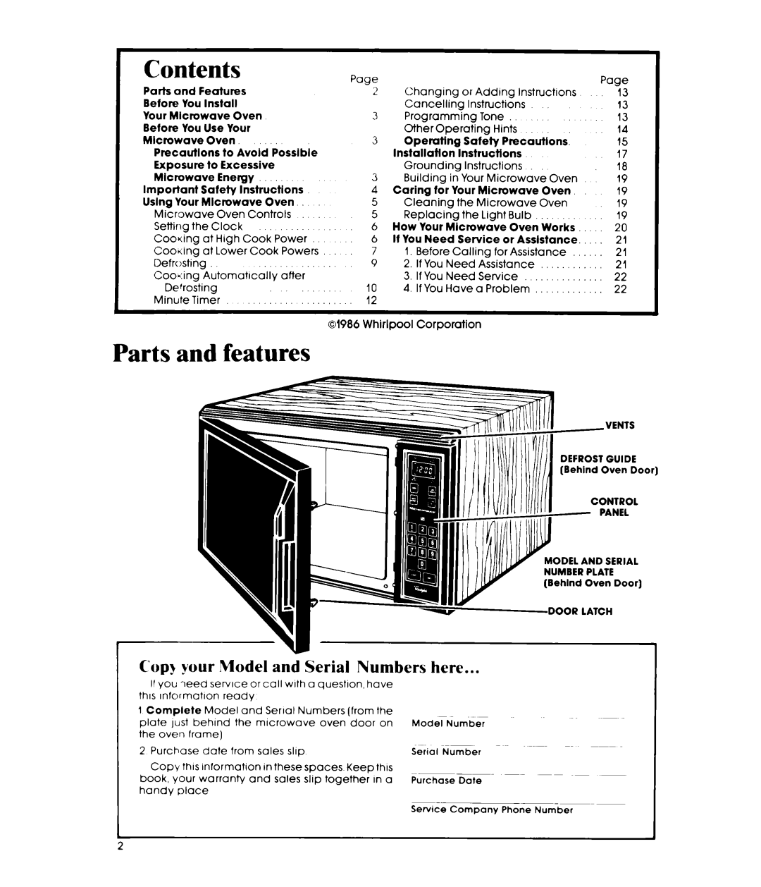 Whirlpool MW8500XR, MW850EXR manual Contents, Parts and features 