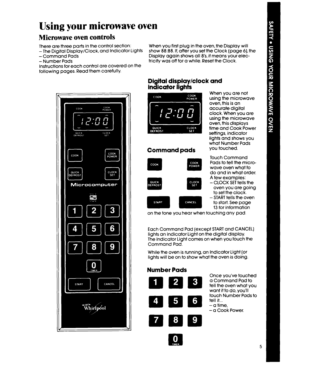 Whirlpool MW850EXR, MW8500XR Using your microwave oven, Microwave oven controls, Number Pads DDD2jggigF P ~~~mderPadsto 