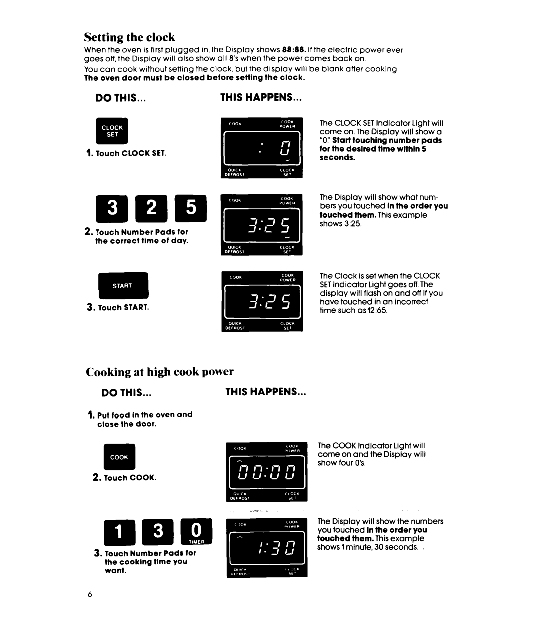 Whirlpool MW8500XR, MW850EXR manual Setting the clock, Cooking at high cook power, IIn 