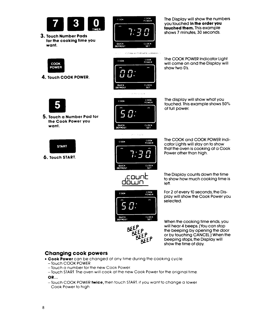 Whirlpool MW8500XR, MW850EXR manual Count down, Changing cook powers 
