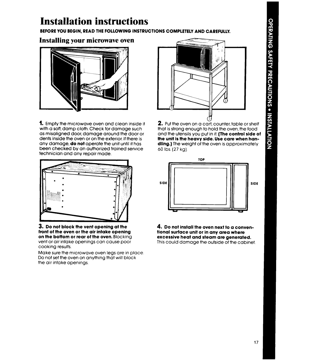 Whirlpool MW850EXR, MW8500XR manual Installation instructions, Installing your microwave oven 