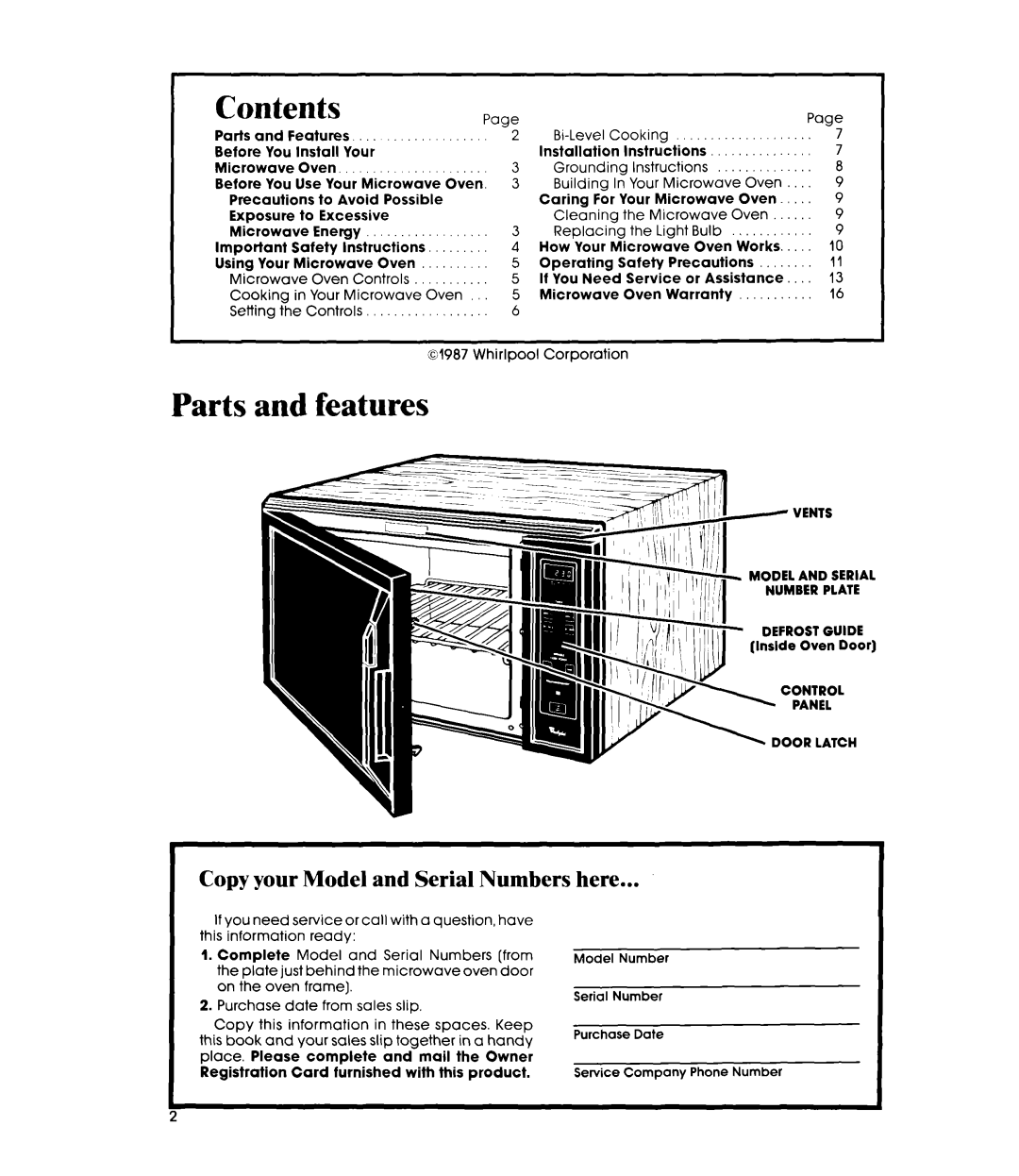 Whirlpool MW8500XS manual Contents, Parts and features 