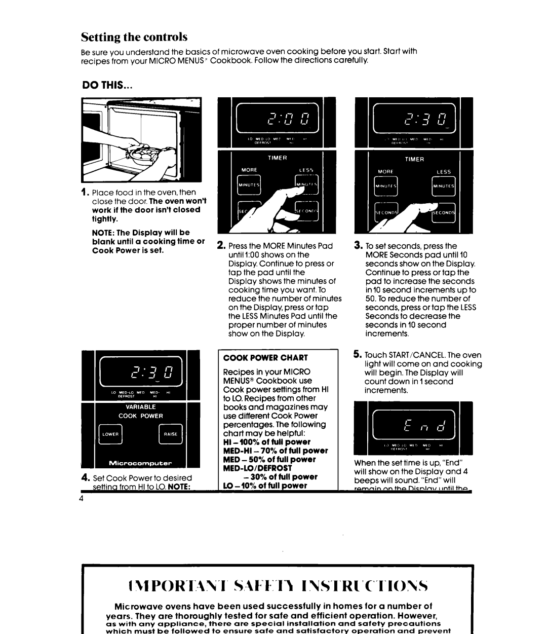 Whirlpool MW8500XS manual Setting the controls, 30% of full power LO 10% of full power 