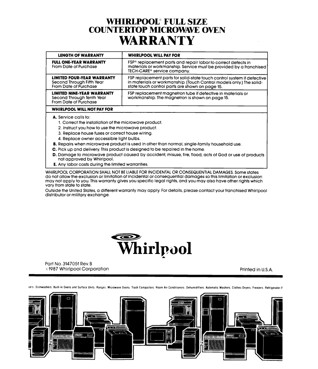 Whirlpool MW8500XS manual Warranty, Whirlpooij Full Size Countertop Microwaw Oven 