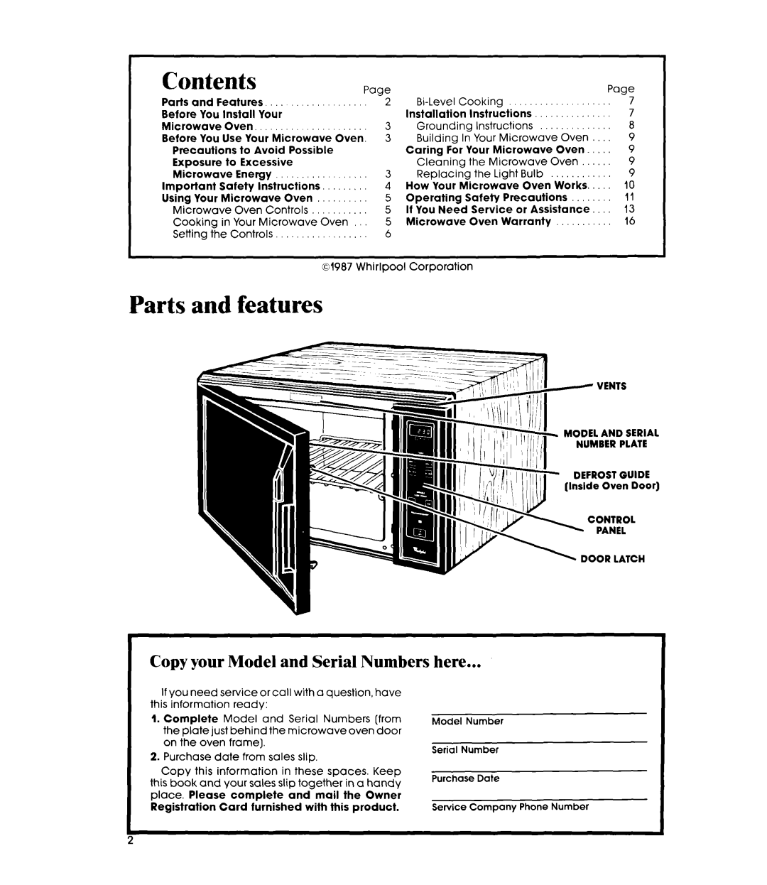 Whirlpool MW8500XS manual Contents, Parts and features, Copy your Model and Serial Numbers here 