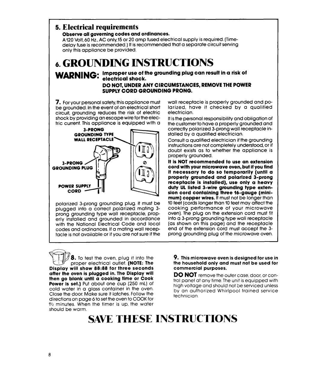 Whirlpool MW8500XS manual Grounding Instructions, Save These Instructions, Electrical requirements 