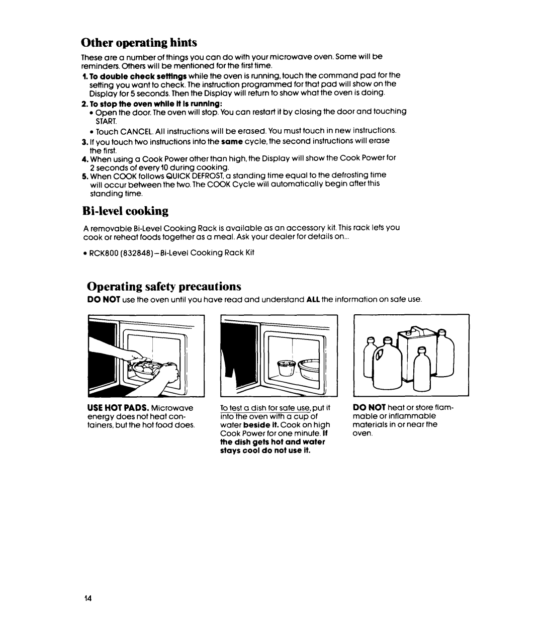 Whirlpool MW850EXP, MW85OOXP manual Other operating hints, Bi-level cooking, Operating safety precautions 