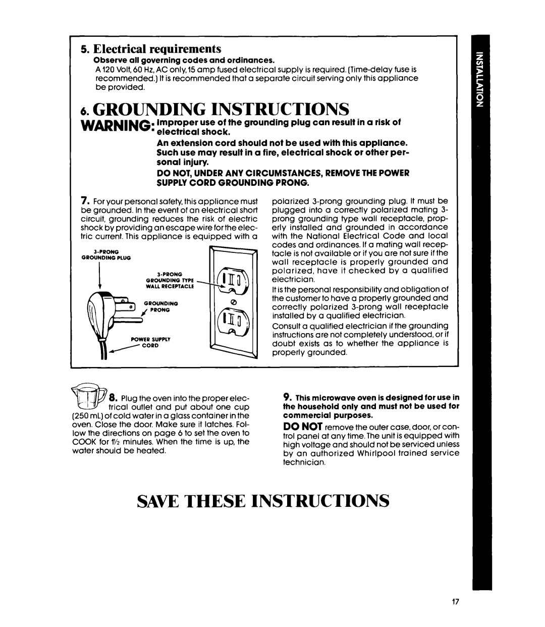 Whirlpool MW85OOXP, MW850EXP manual Grounding Instructions, Electrical requirements 