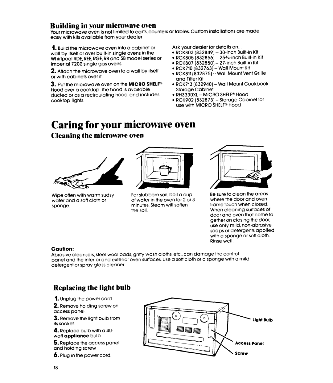 Whirlpool MW850EXP, MW85OOXP manual Building in your microwave oven, Cleaning the microwave oven, Replacing the light bulb 