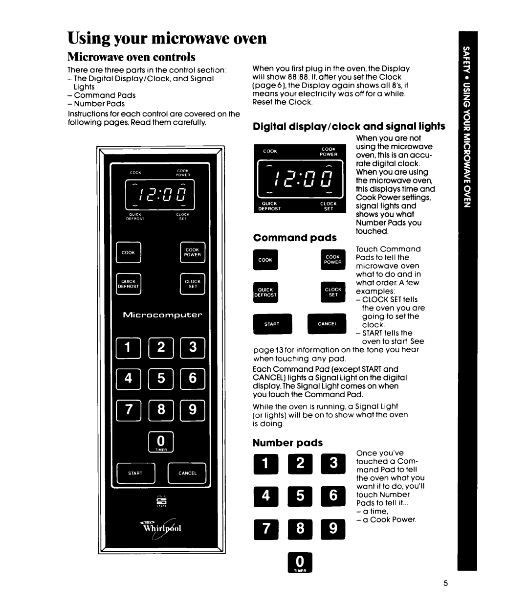 Whirlpool MW85OOXP, MW850EXP Microwave oven controls, Digital display/clock and signal lights Command pads, Number pads 