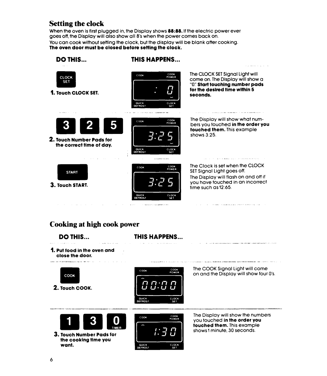 Whirlpool MW850EXP, MW85OOXP manual Setting the clock, Cooking at high cook power 