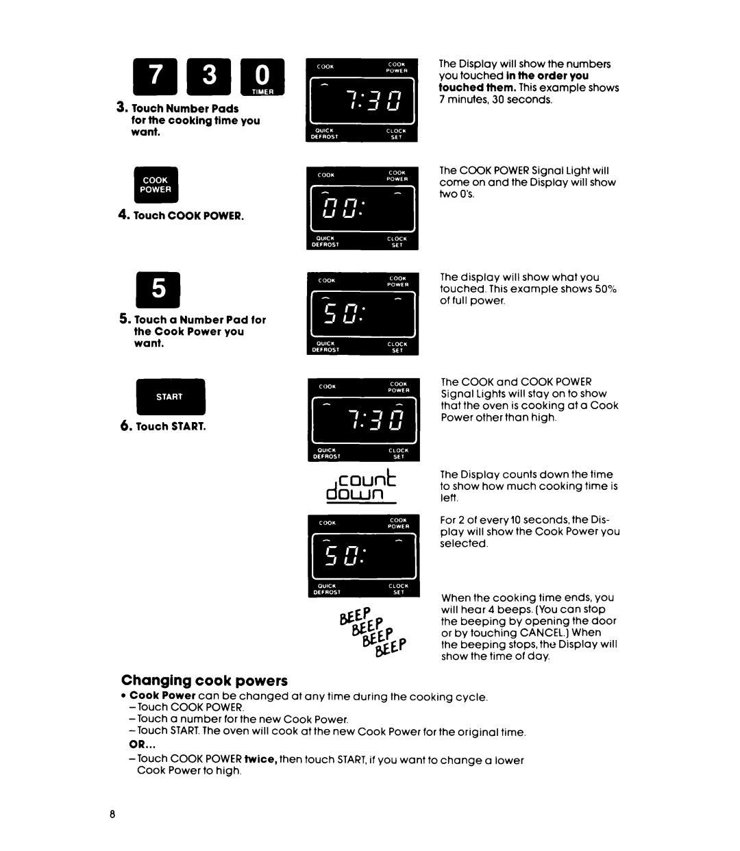 Whirlpool MW850EXP, MW85OOXP manual Changing cook powers 