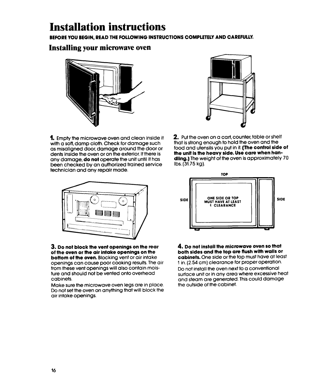 Whirlpool MW850EXP, MW85OOXP manual Installation instructions, Installing your microwave oven 