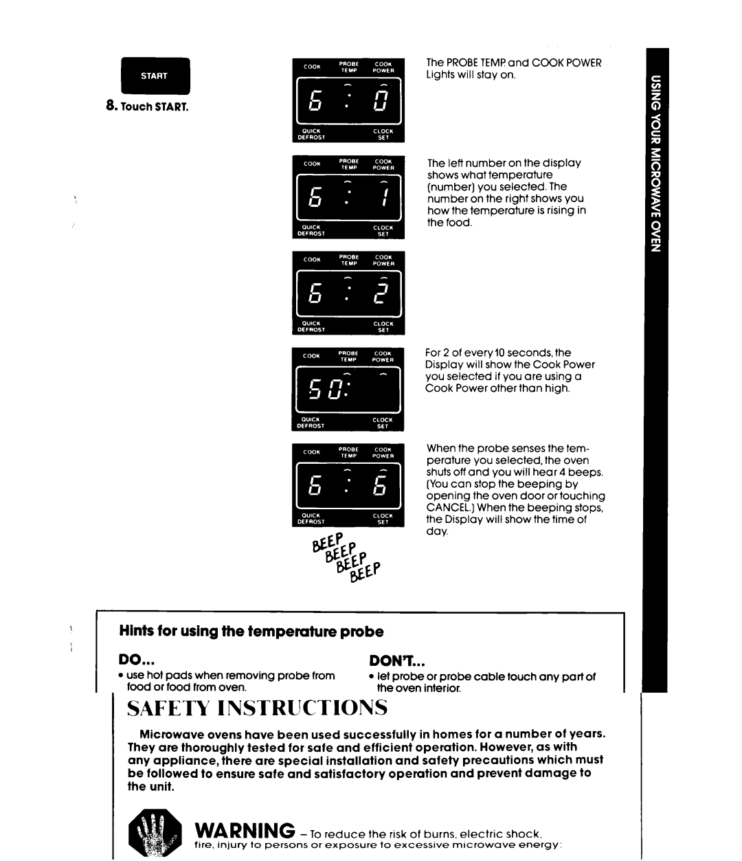 Whirlpool MW8520XP manual Hints for using the temperature probe 