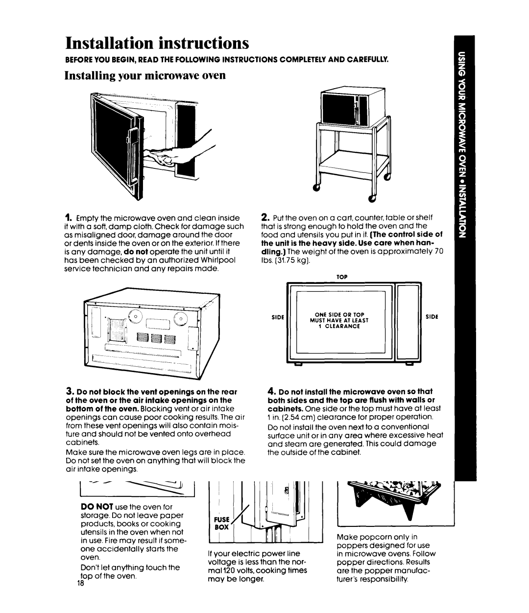 Whirlpool MW8520XP manual Installation instructions, Installing your microwave oven 