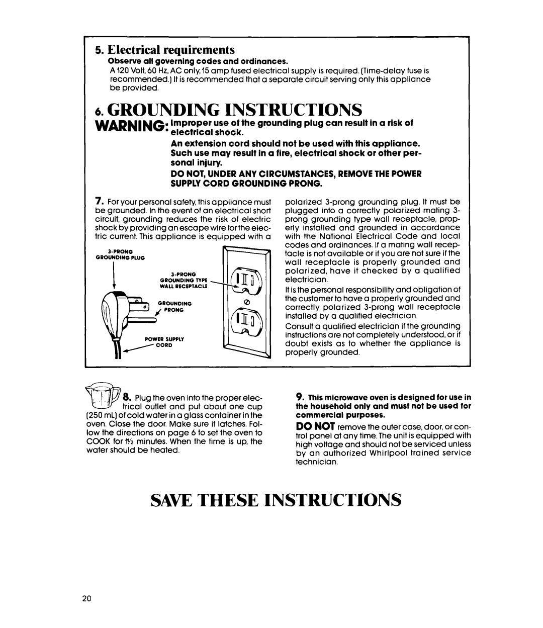 Whirlpool MW8520XP manual Grounding Instructions, Electrical requirements 