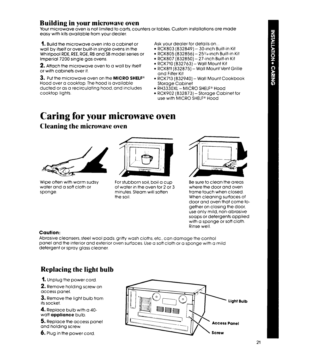 Whirlpool MW8520XP manual Caring for your microwave oven, Building in your microwave oven, Cleaning the microwave oven 