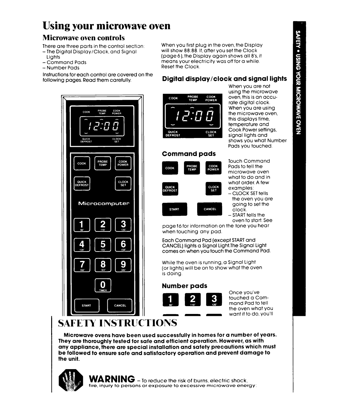 Whirlpool MW8520XP manual Using your microwave oven, Microwave oven controls, Digital display/clock and signal lights 