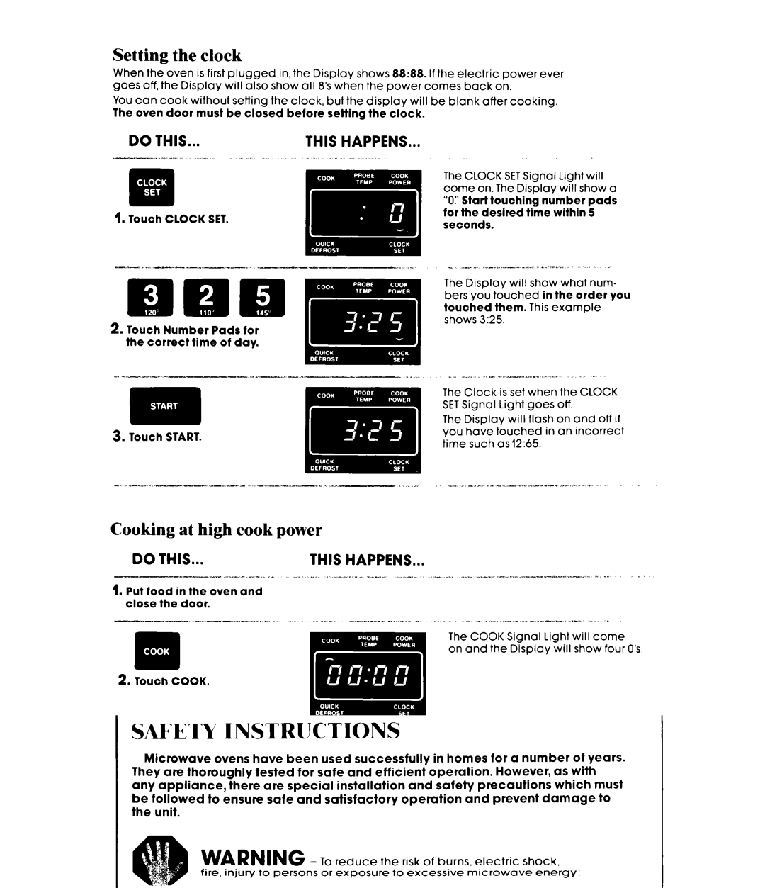 Whirlpool MW8520XP manual Setting the clock, Cooking at high cook power, ~.1X-L 