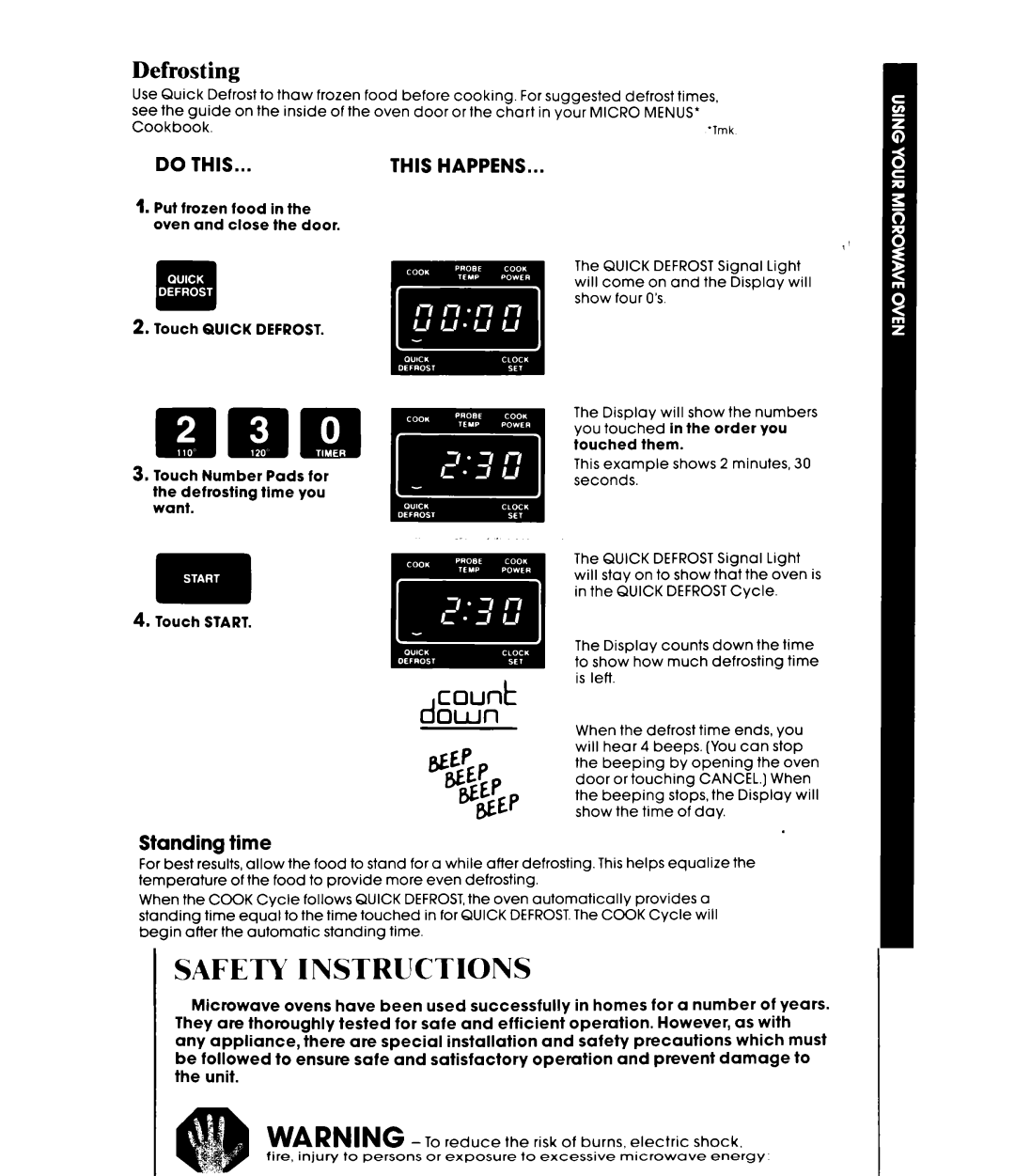 Whirlpool MW8520XP manual TiEP tiEPp gjEP, Defrosting, Standing time, About the ‘QUICK Defrost Cycle 