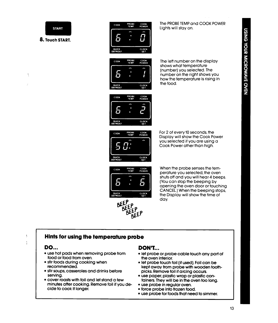 Whirlpool MW8520XP manual Hints for using the temperature probe, Don’T 