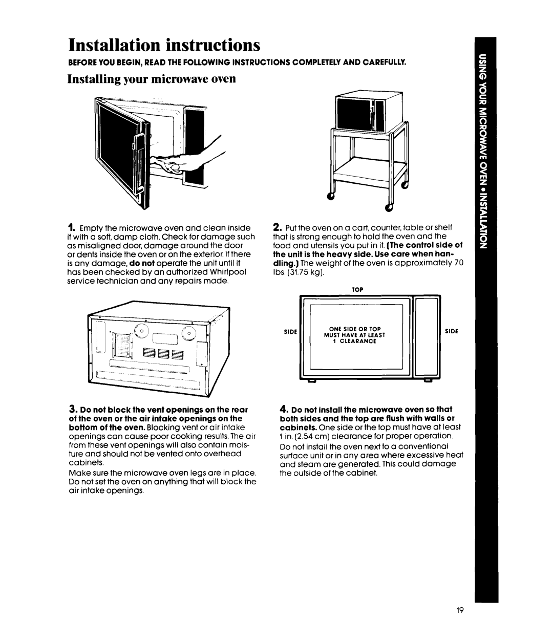Whirlpool MW8520XP manual Installation instructions, Installing your microwave oven 