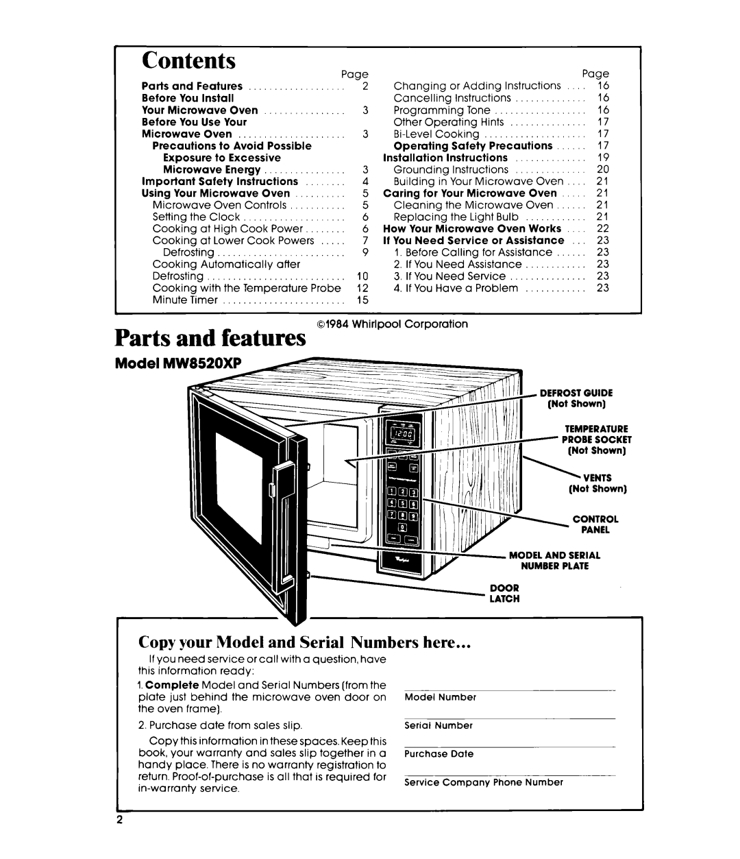 Whirlpool MW8520XP manual Contents, Parts and features, jipy, +“Ep, Copy your Model and Serial Numbers here 