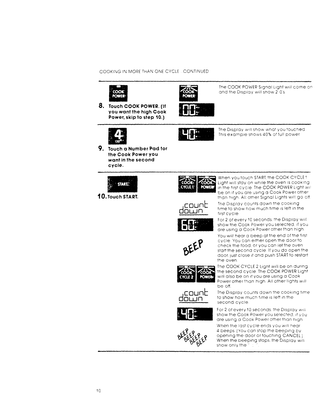 Whirlpool MW8550XL, MW8600XL warranty Down Count, Cooking in More than ONE Cycle 