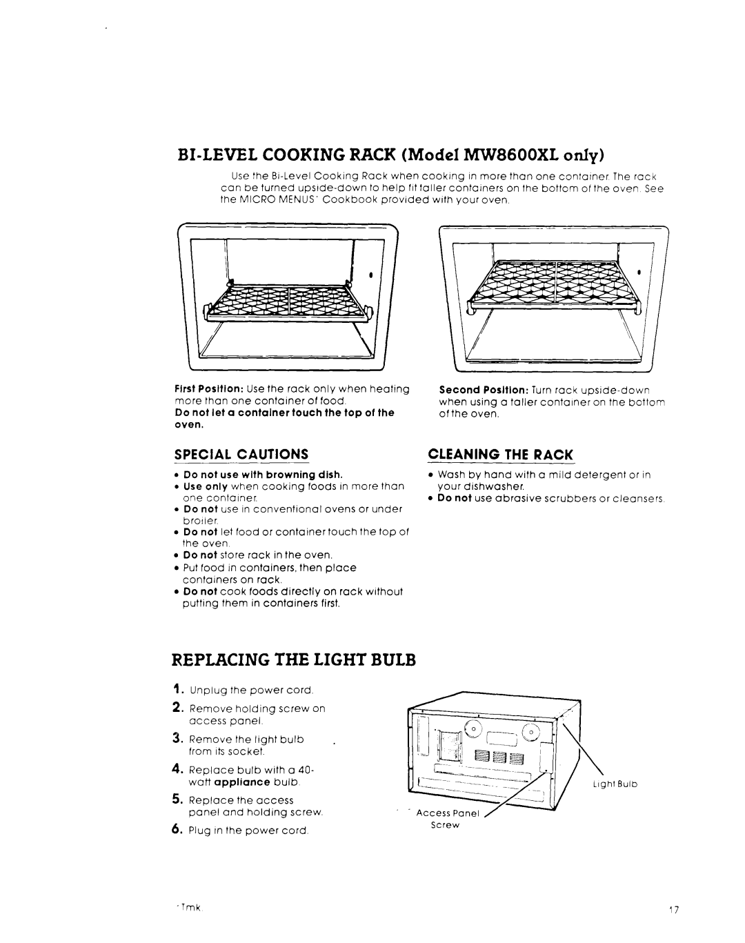 Whirlpool MW8600XL, MW8550XL warranty Special Cautions, Cleaning the Rack 