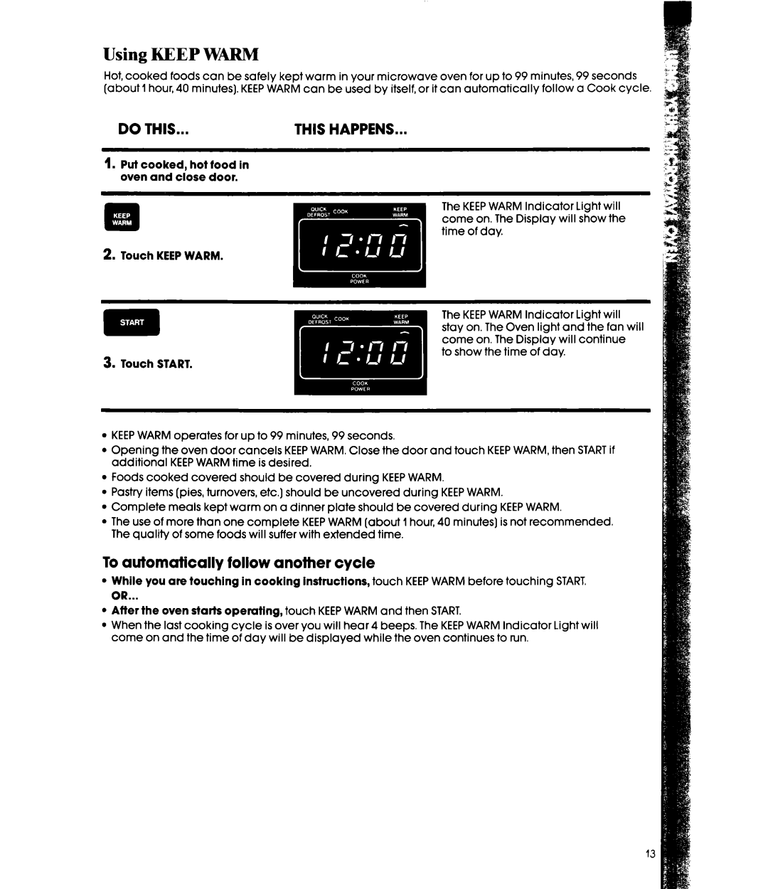 Whirlpool MW8550XS manual Using Keep Warm, To automatically follow another cycle 