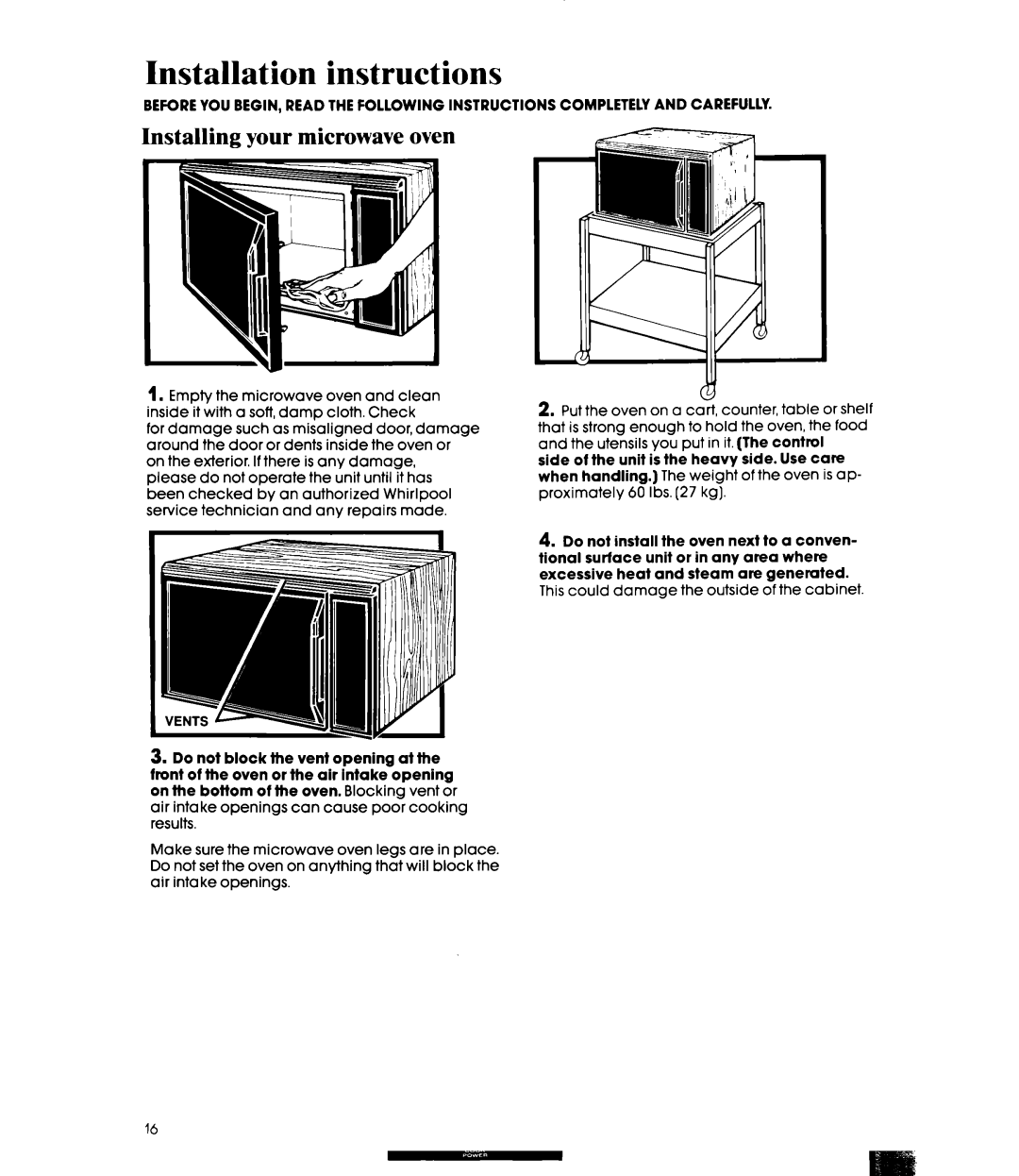 Whirlpool MW8550XS manual Installation instructions, Installing your microwave oven 