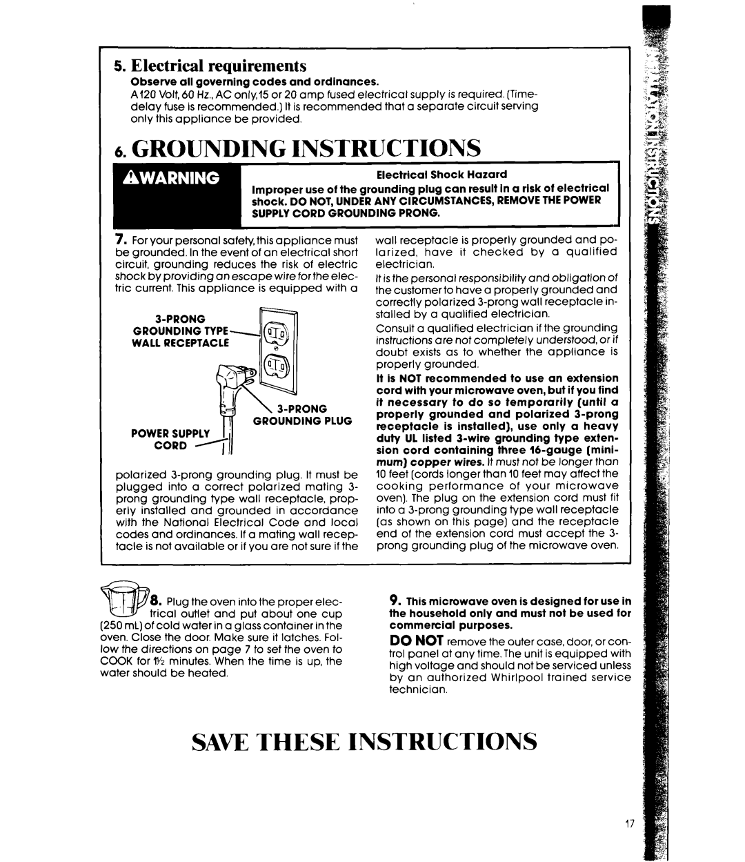 Whirlpool MW8550XS manual Grounding Instructions, Electrical requirements 