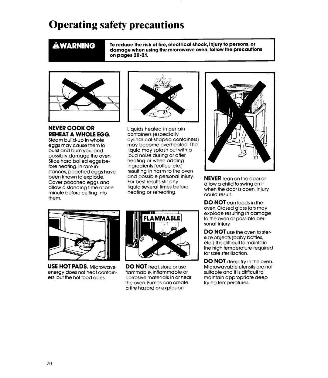 Whirlpool MW8550XS manual Operating safety precautions, Never Cook or Reheat a Whole EGG 