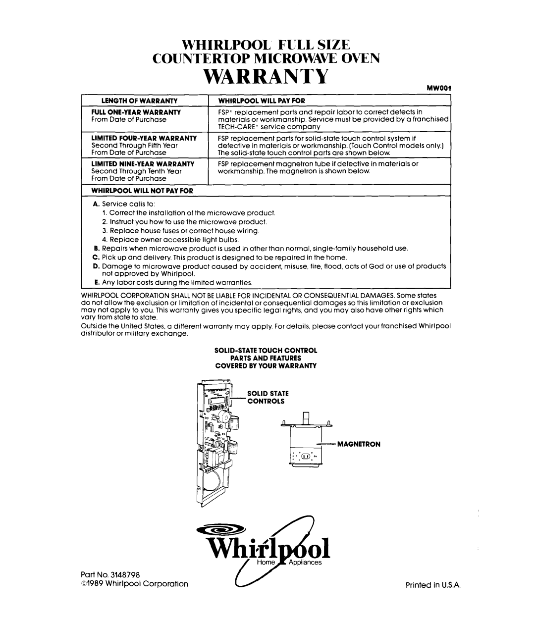 Whirlpool MW8550XS manual War.Ranty 