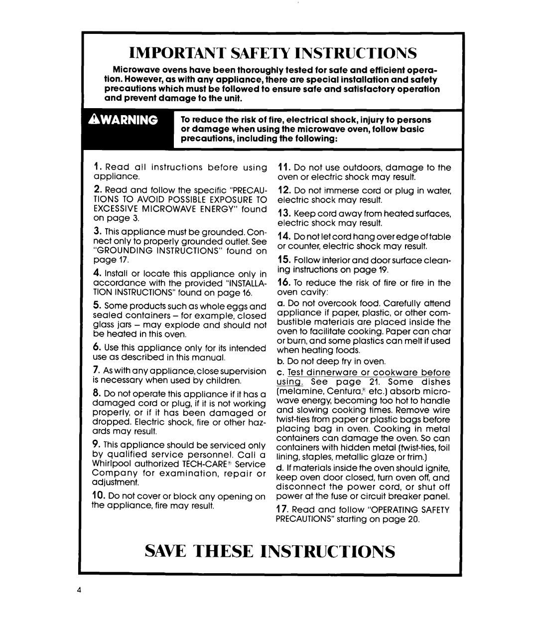 Whirlpool MW8550XS manual Importavt Safety Instructions 