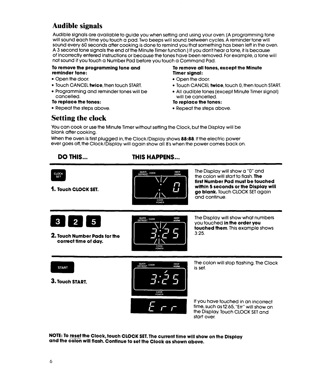 Whirlpool MW8550XS manual Audible signals, Setting the clock 