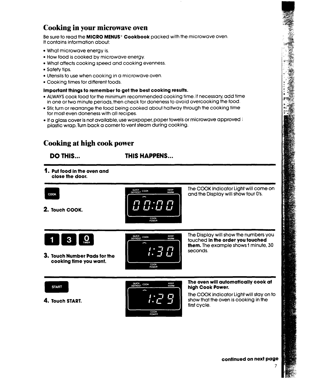 Whirlpool MW8550XS manual Cooking in your microwave oven, Cooking at high cook power 