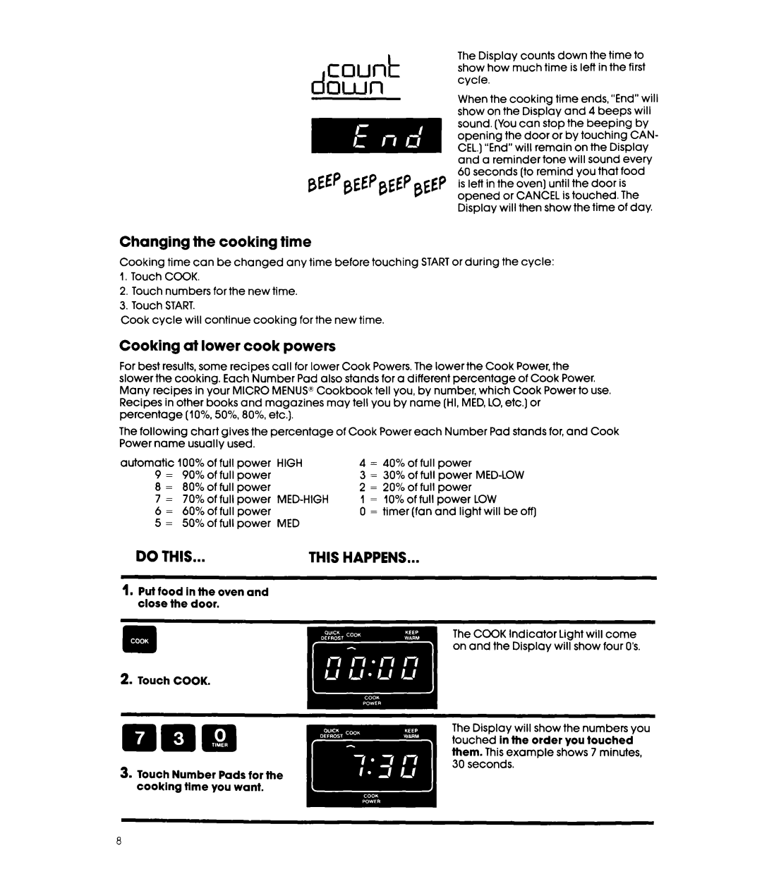 Whirlpool MW8550XS manual Nnm, Changing the cooking time, Cooking at lower cook powers 