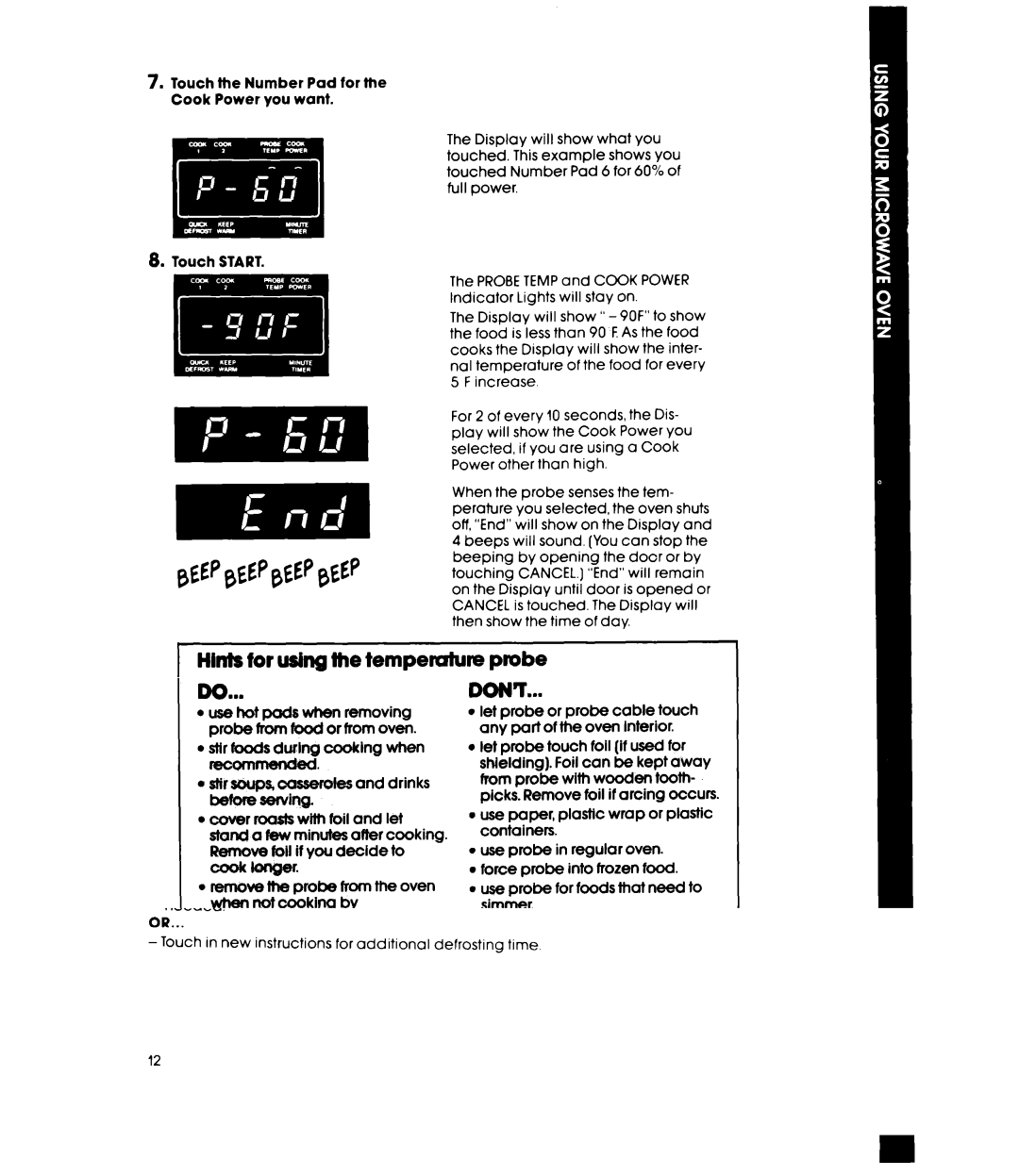 Whirlpool MW8570XR manual Hints for using the tempemture, Probe 