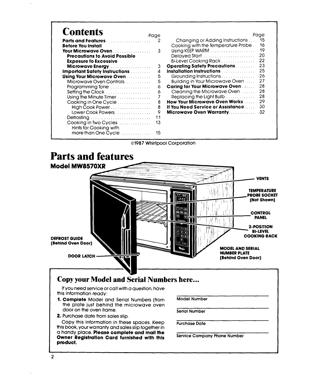 Whirlpool MW8570XR manual Contents, Parts and features 