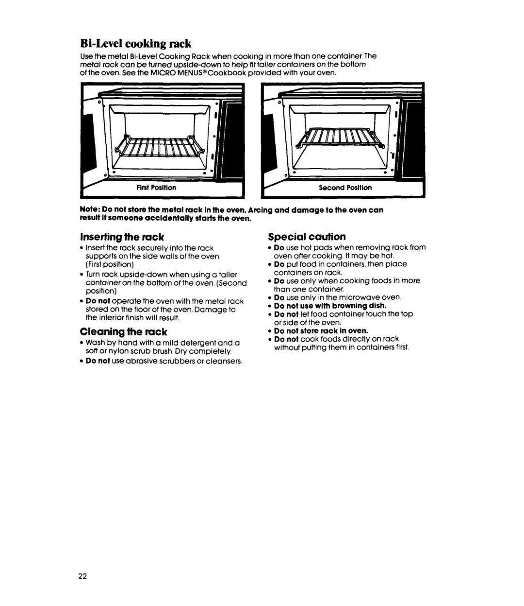 Whirlpool MW8570XR manual Bi-Level cooking rack, Inserting the ruck, Cleaning the rack, Special caution 