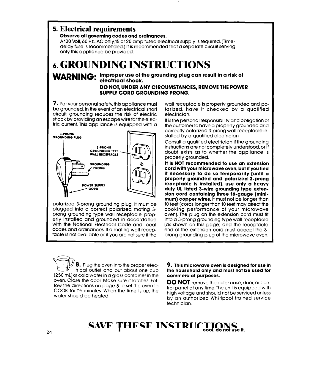 Whirlpool MW8570XR manual Grounding Instructions, Electrical requirements 